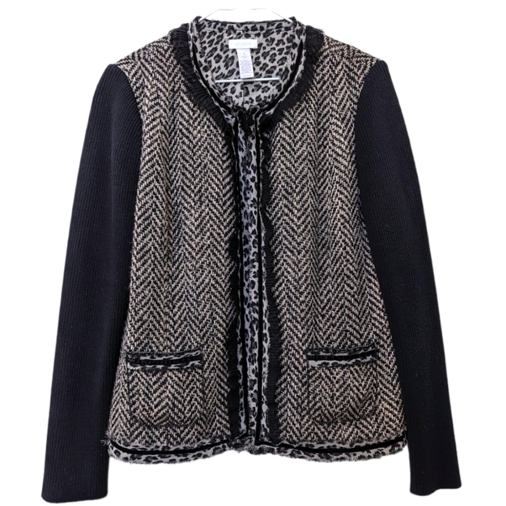 Chico's Black and White Leopard Chevron Wool Blend Jacket 1
